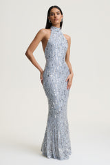 Zaira | Silver Sequin High-Neck Maxi Dress With Open-Back