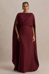 Pristina | Burgundy Boat-Neck Woven Maxi Dress With Cape Detail