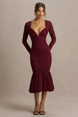 Camilly | Burgundy Lace Plunge-Neck Mermaid Midi Dress
