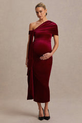 Zena | Burgundy Velvet Asymmetric-Neck Maternity Midi Dress With Knot And Sash Detail