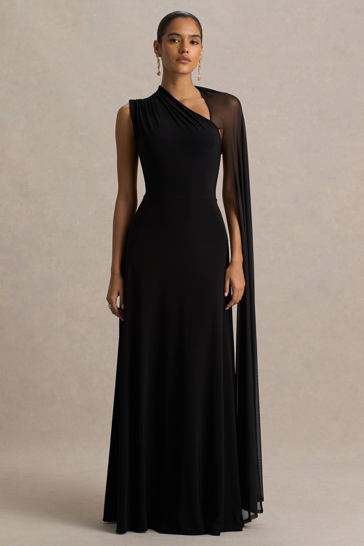 Selena | Black High-Neck Maxi Dress With Cut-Out And Cape Sleeve Detail