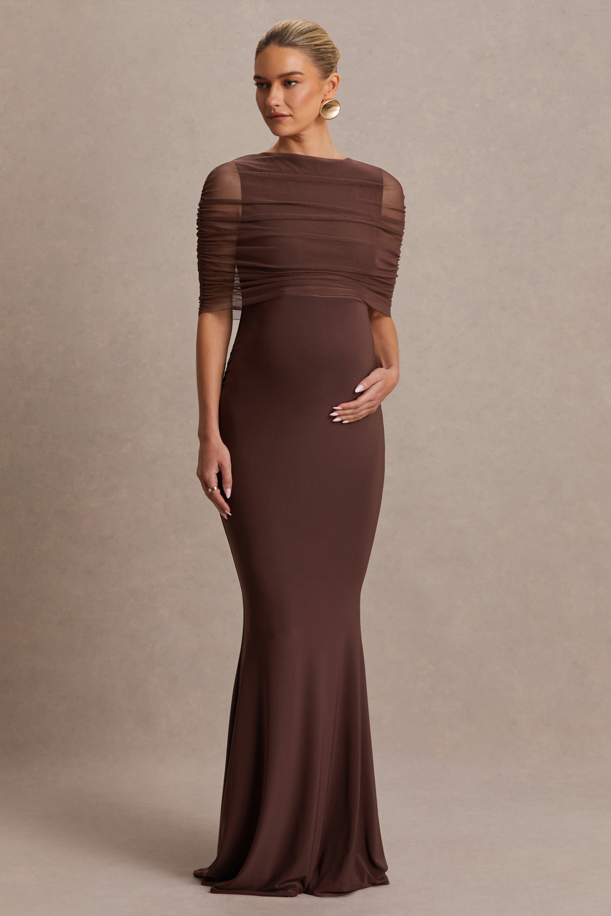 Zaria | Brown Crew-Neck Maternity Maxi Dress With Cape-Overlay