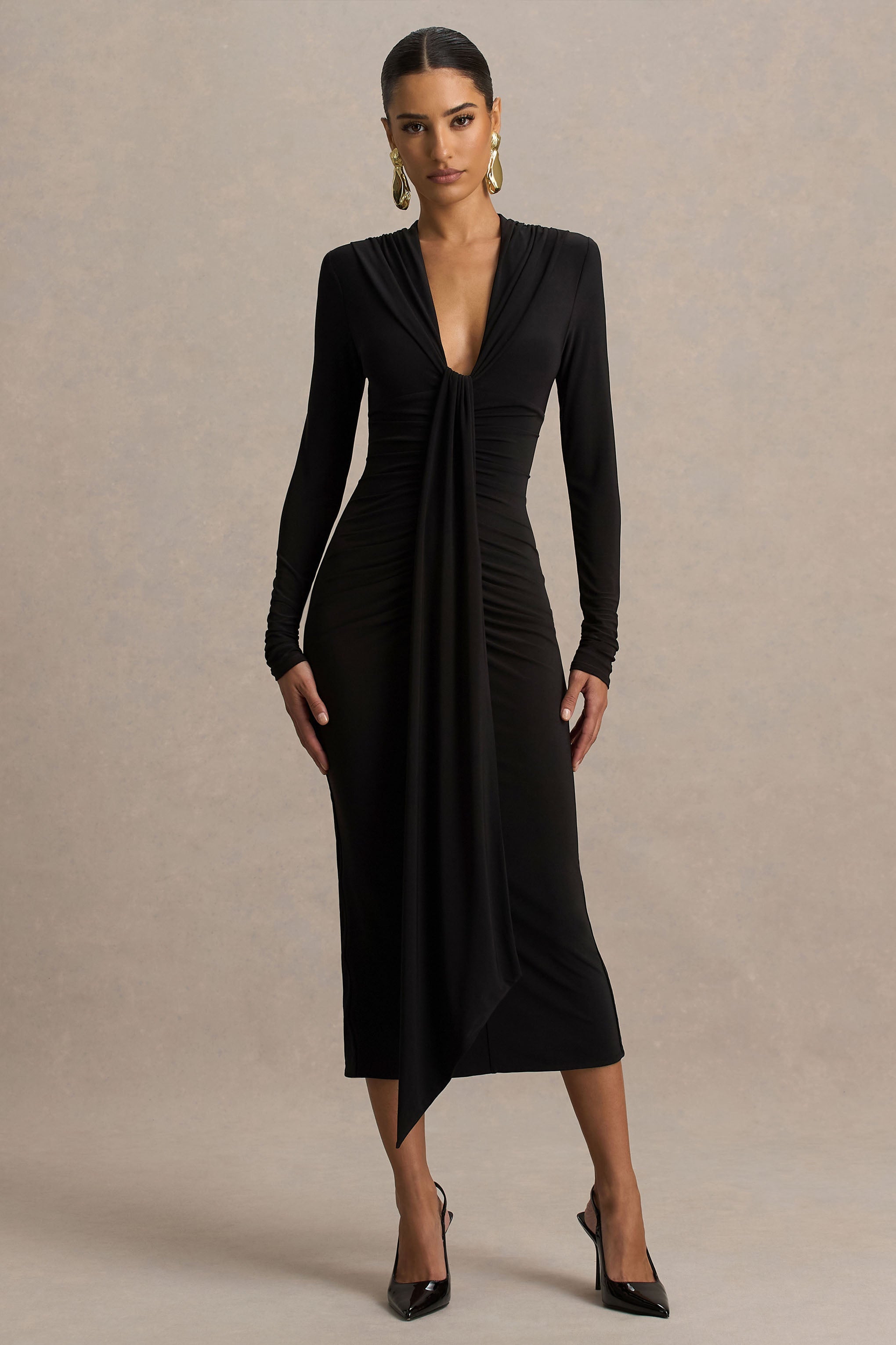 Ivara | Black Plunge-Neck Midi Dress With Ruched Detailing And Sash