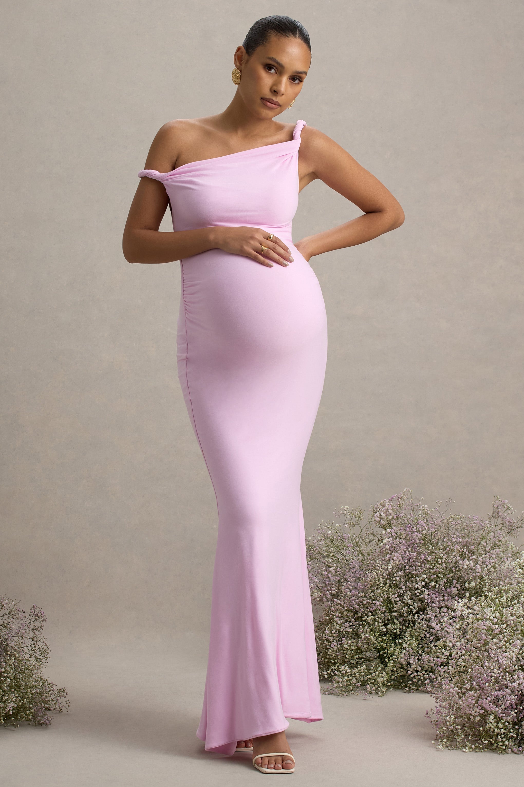 Lita | Pink Twisted Asymmetric Maternity Maxi Dress