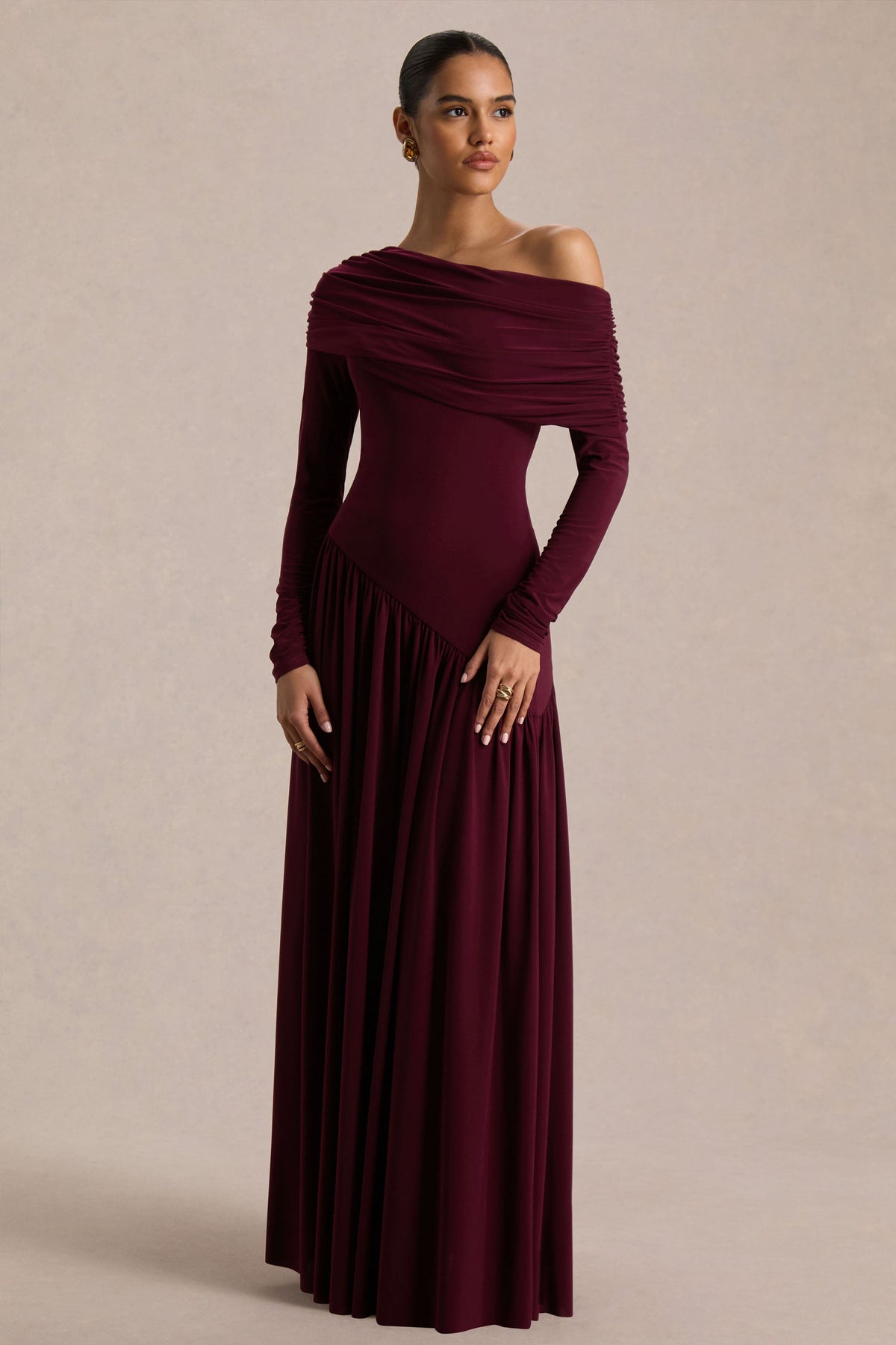Farah | Burgundy Asymmetric-Neck Maxi Dress With Drop Waist And Ruched Detailing