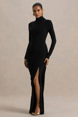 Betsy | Black High-Neck Maxi Dress With Front Split And Ruched Detailing