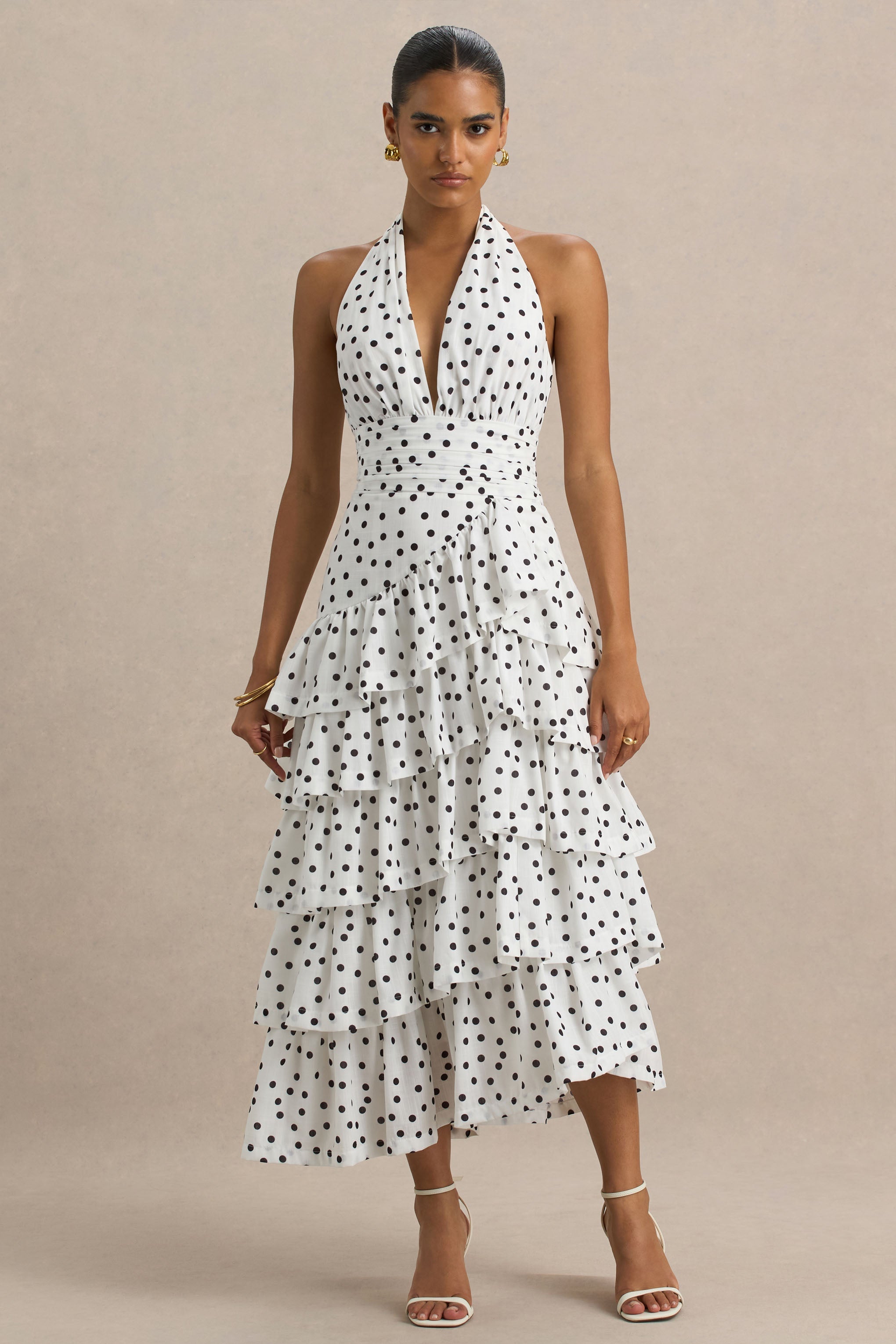 Violet | White Polka Dot Midi Dress With Halter-Neck and Ruffled Skirt