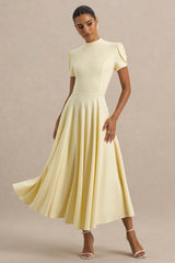 Vicky | Lemon High Neck Midi Dress With Puff Sleeves