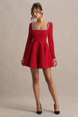 Astonish | Red Long-Sleeve Embellished Square-Neck Mini Dress With Volume Skirt