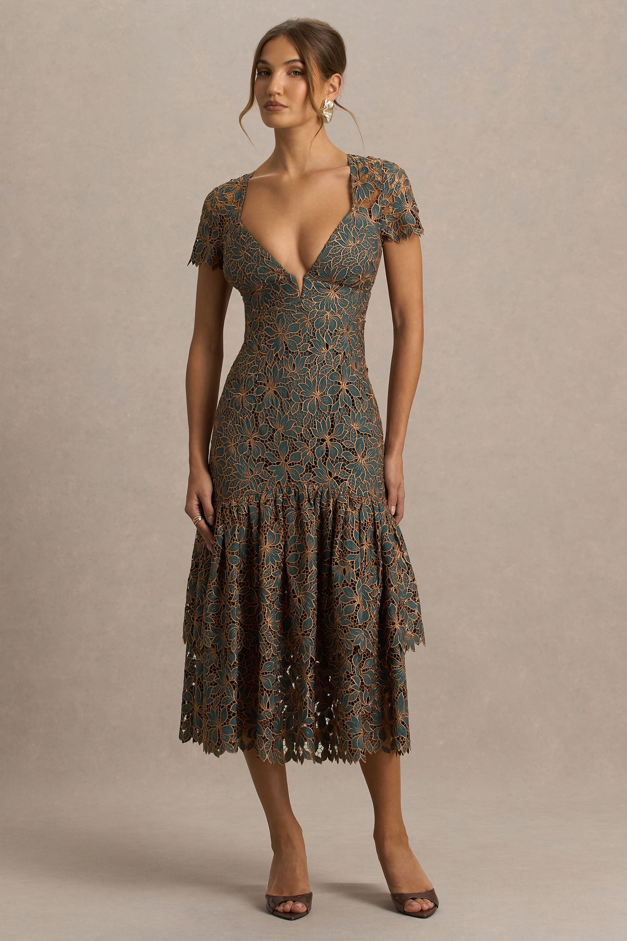 Sabrina | Dark Green And Rust Embroidered Plunge-Neck Midi Dress
