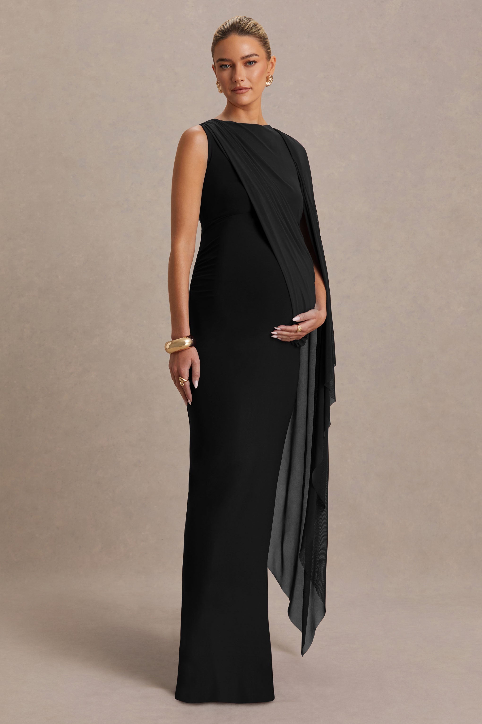 Cristina | Black High-Neck Maternity Maxi Dress With Cape-Sleeve