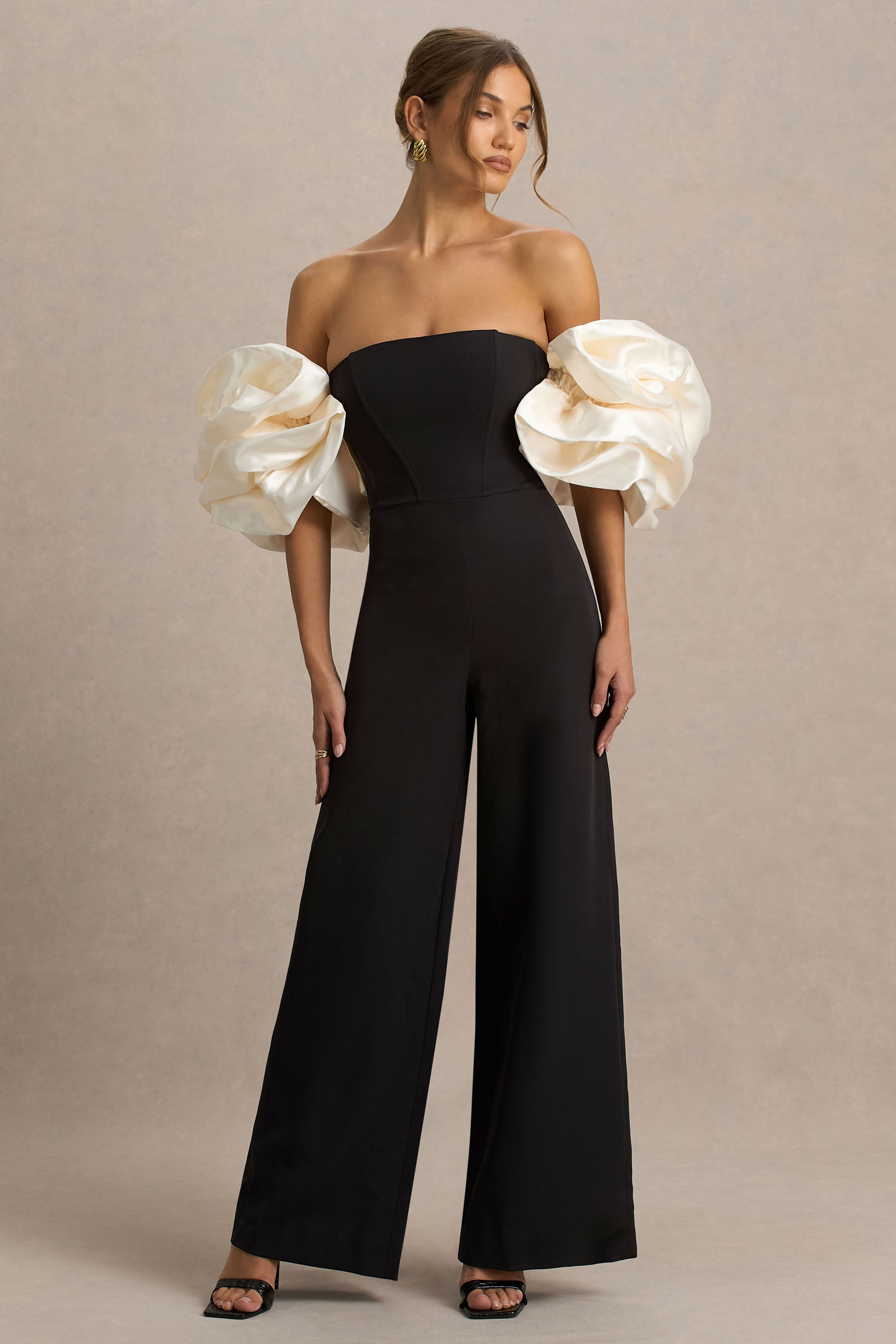 Panama | Black Bardot Jumpsuit With Cream Puff Sleeves