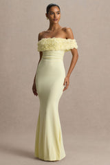 Pastille | Lemon Floral Bardot Maxi Dress With Ruched Detailing
