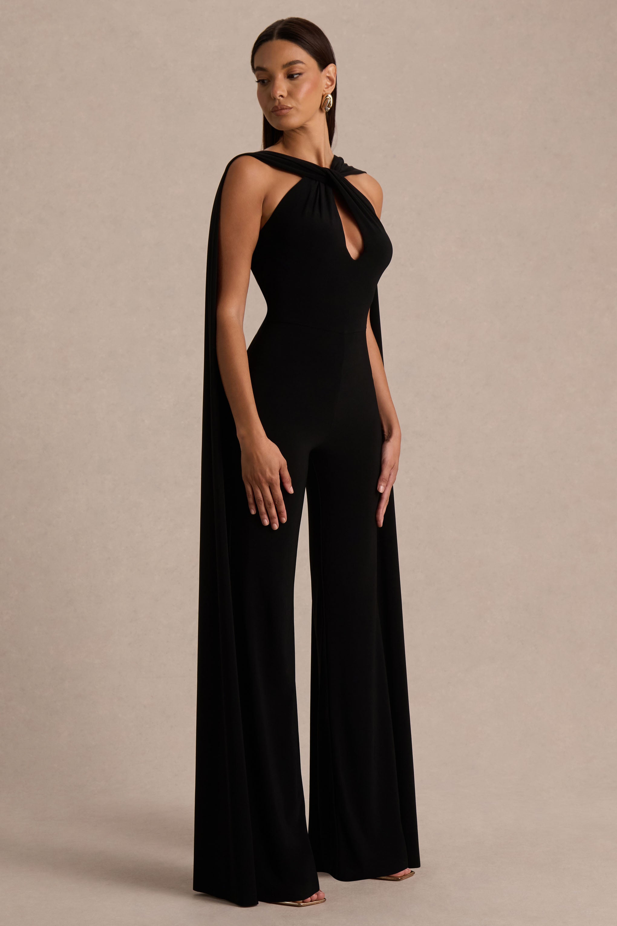 Mindy | Black Twist Halter-Neck Jumpsuit With Cape