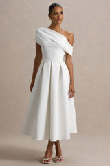 Demi | White Asymmetric-Neck Midi Dress
