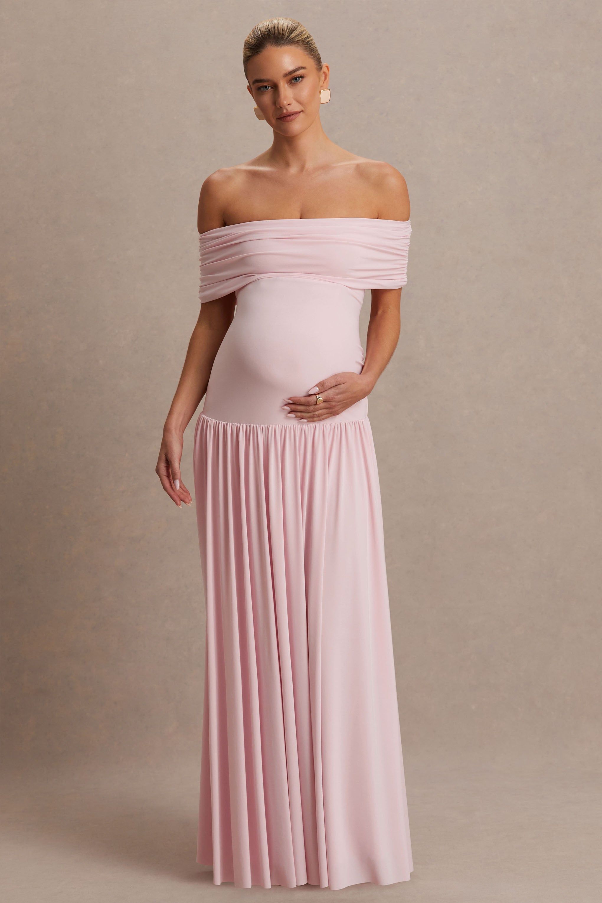 Juliette | Blush Pink Bardot-Neck Maternity Maxi Dress With Drop-Waist