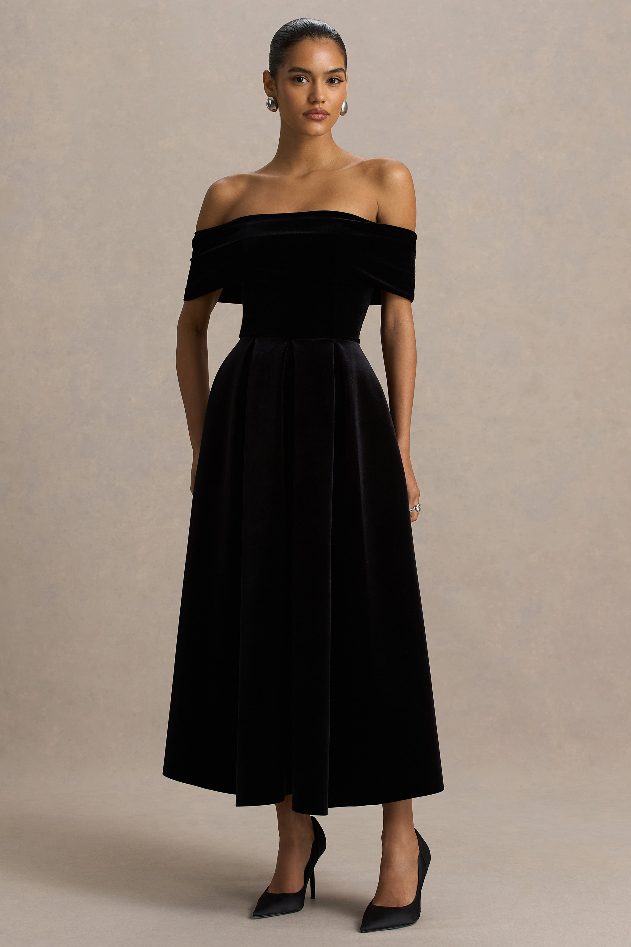 Ablaze | Black Velvet Bardot-Neck Midi Dress