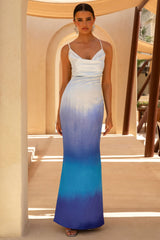 Fiji | Blue Ombre Satin Cowl-Neck Strappy Slip-Maxi Dress