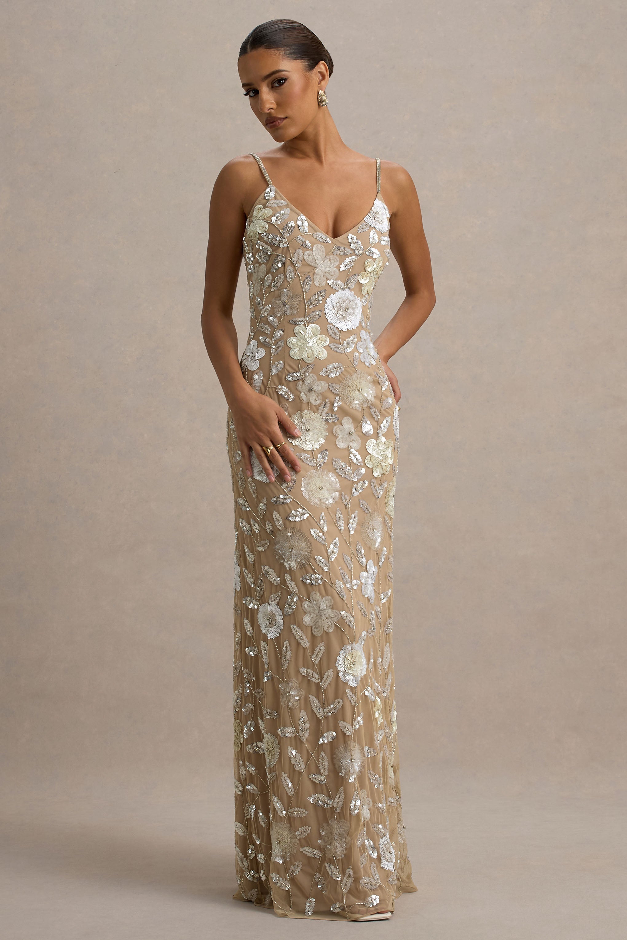 Gemini | Floral Sequin Hand-Embellished Strappy Maxi Dress