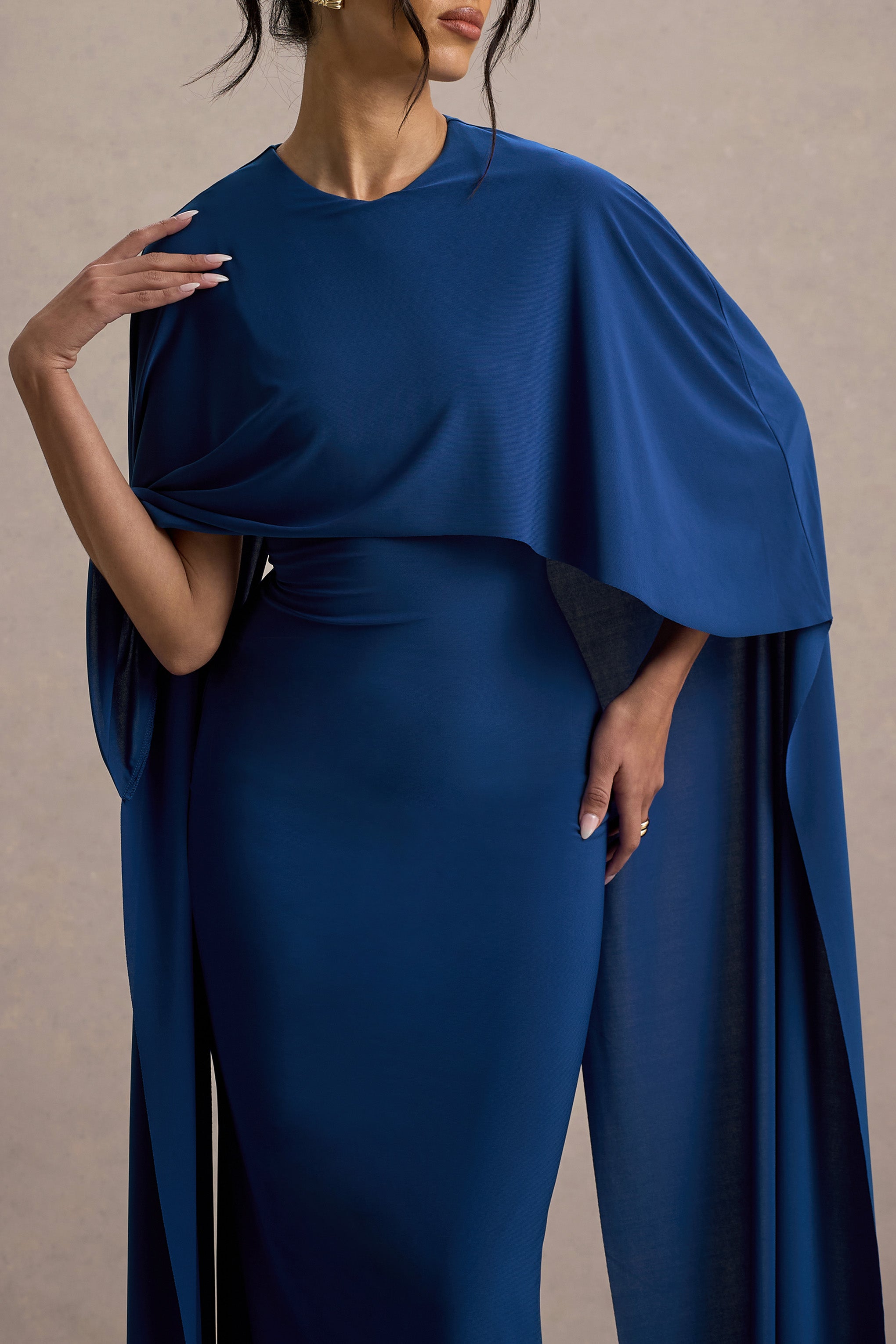 Padma | Blue Draped Maxi Dress With Cape Sleeves