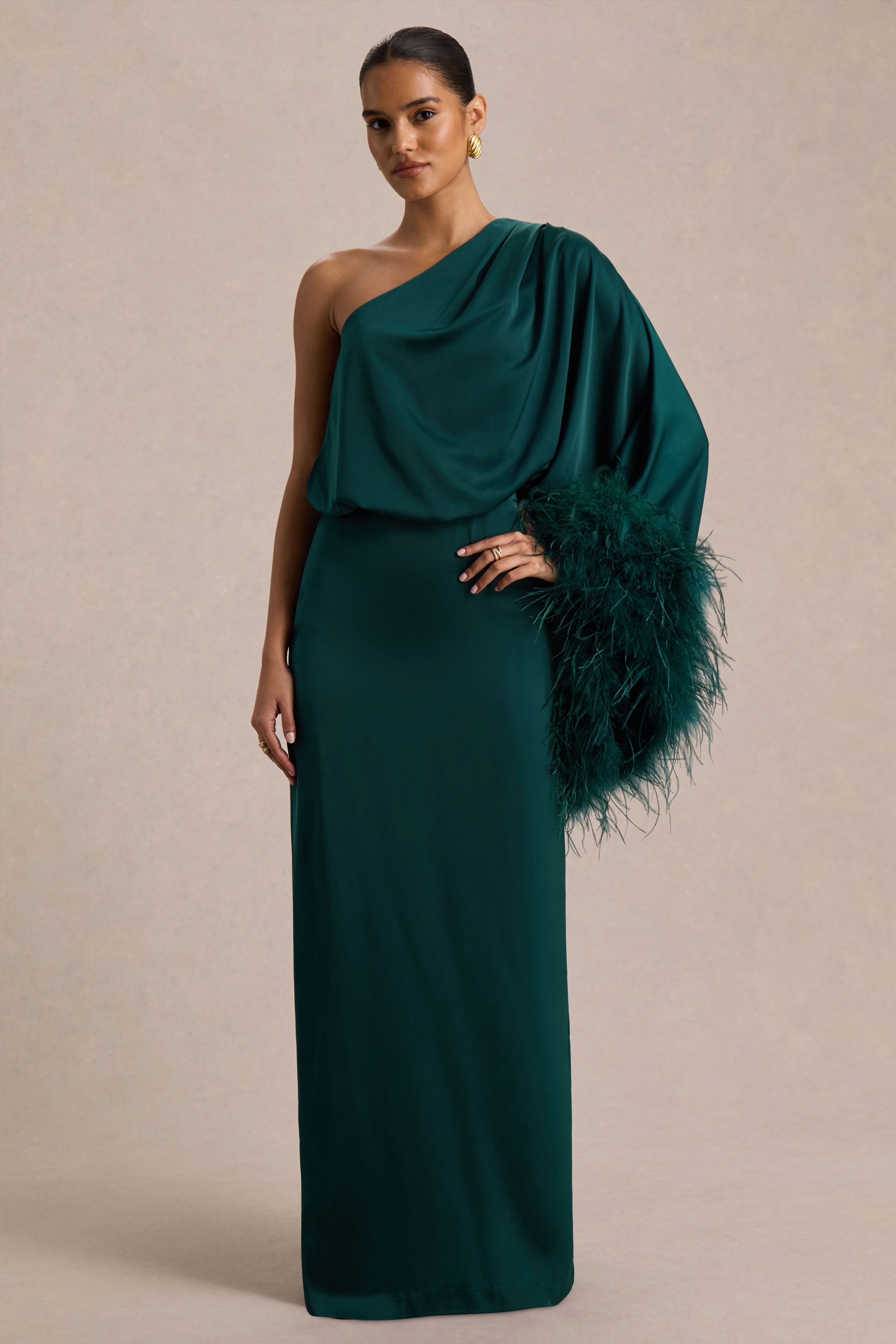 Felicity | Teal Satin Asymmetric-Neck Maxi Dress With Feather Detailing