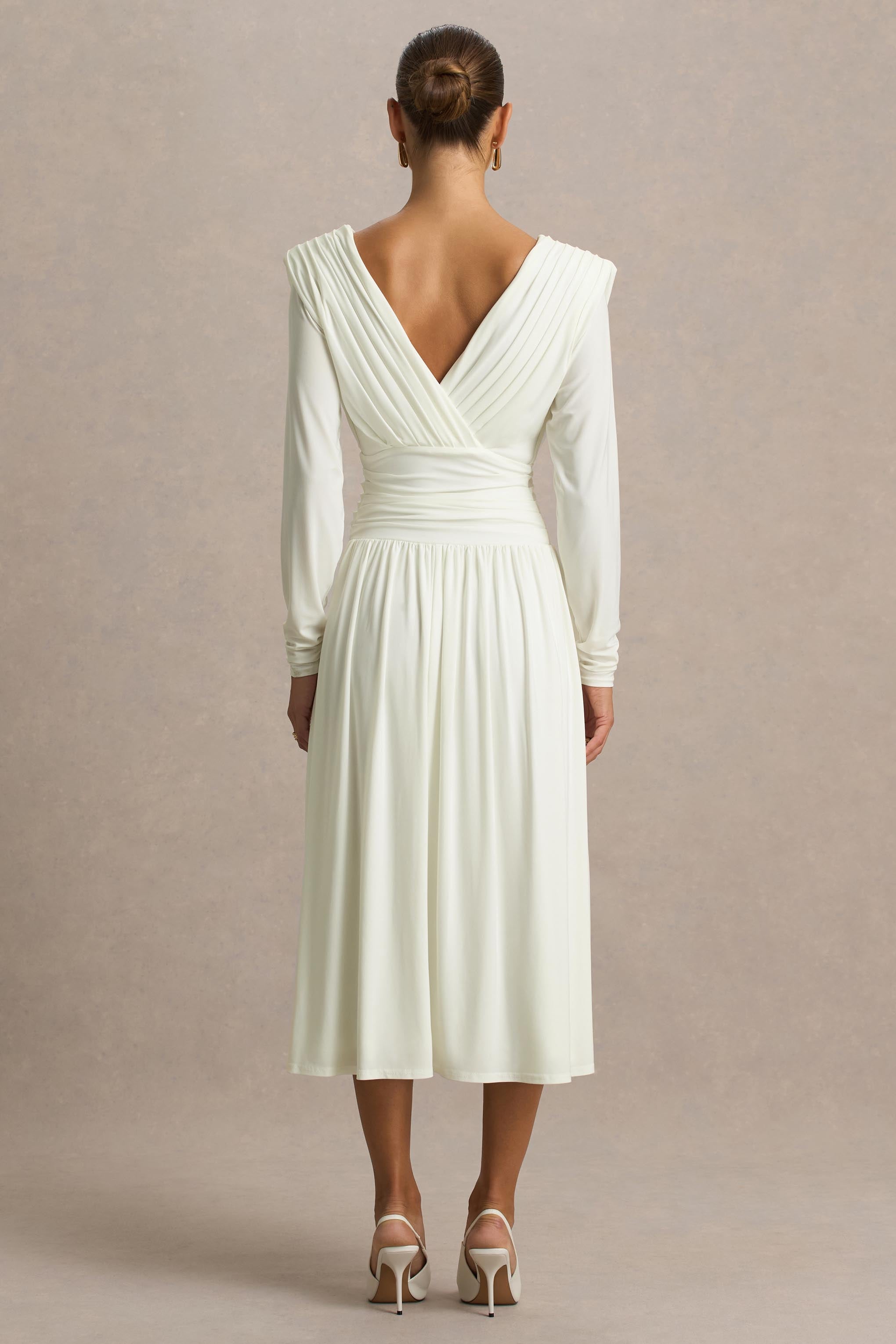 Alexis | Cream Plunge-Neck Midi Dress With Draped And Ruched Detailing