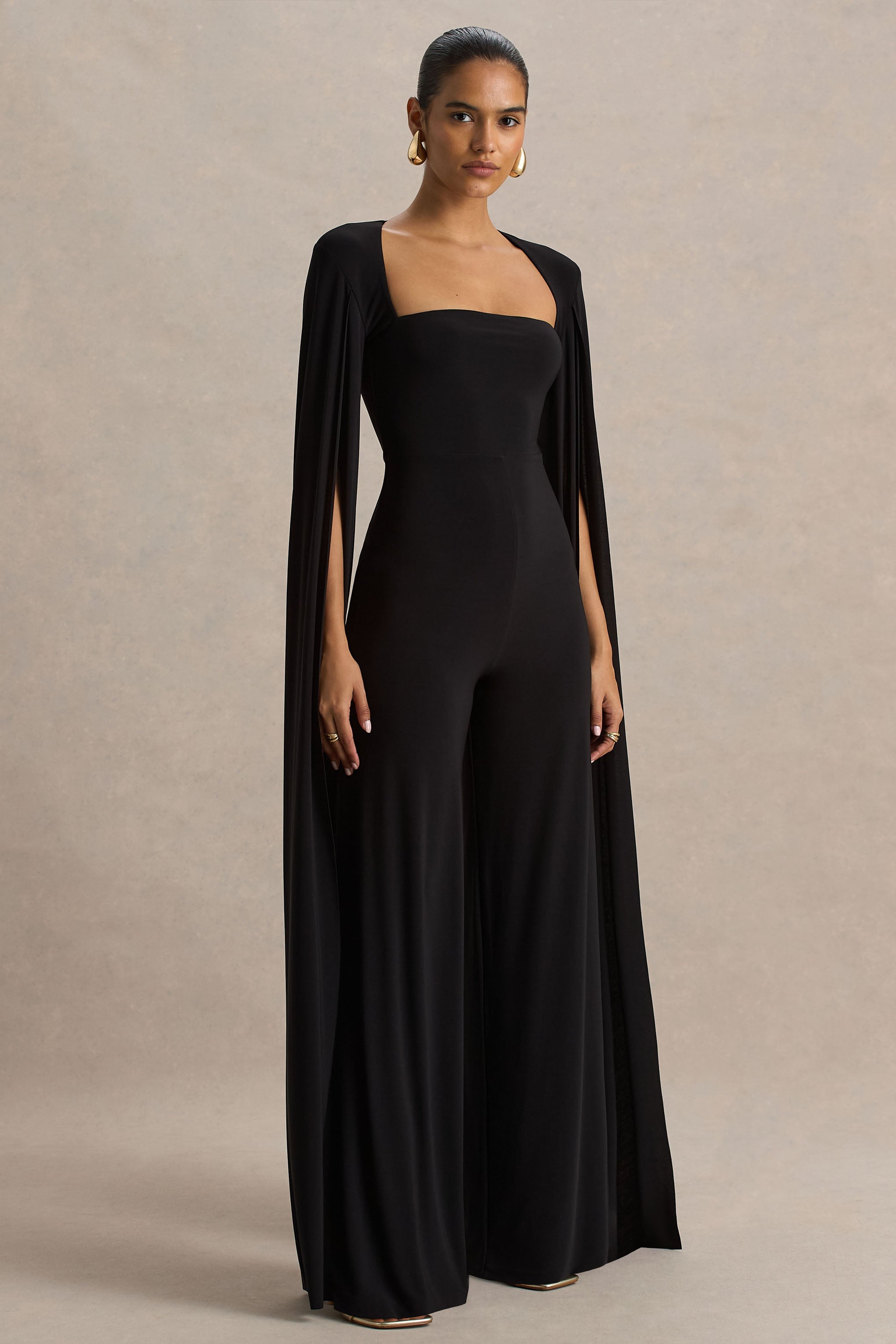 Zara | Black Square-Neck Jumpsuit With Cape Sleeves