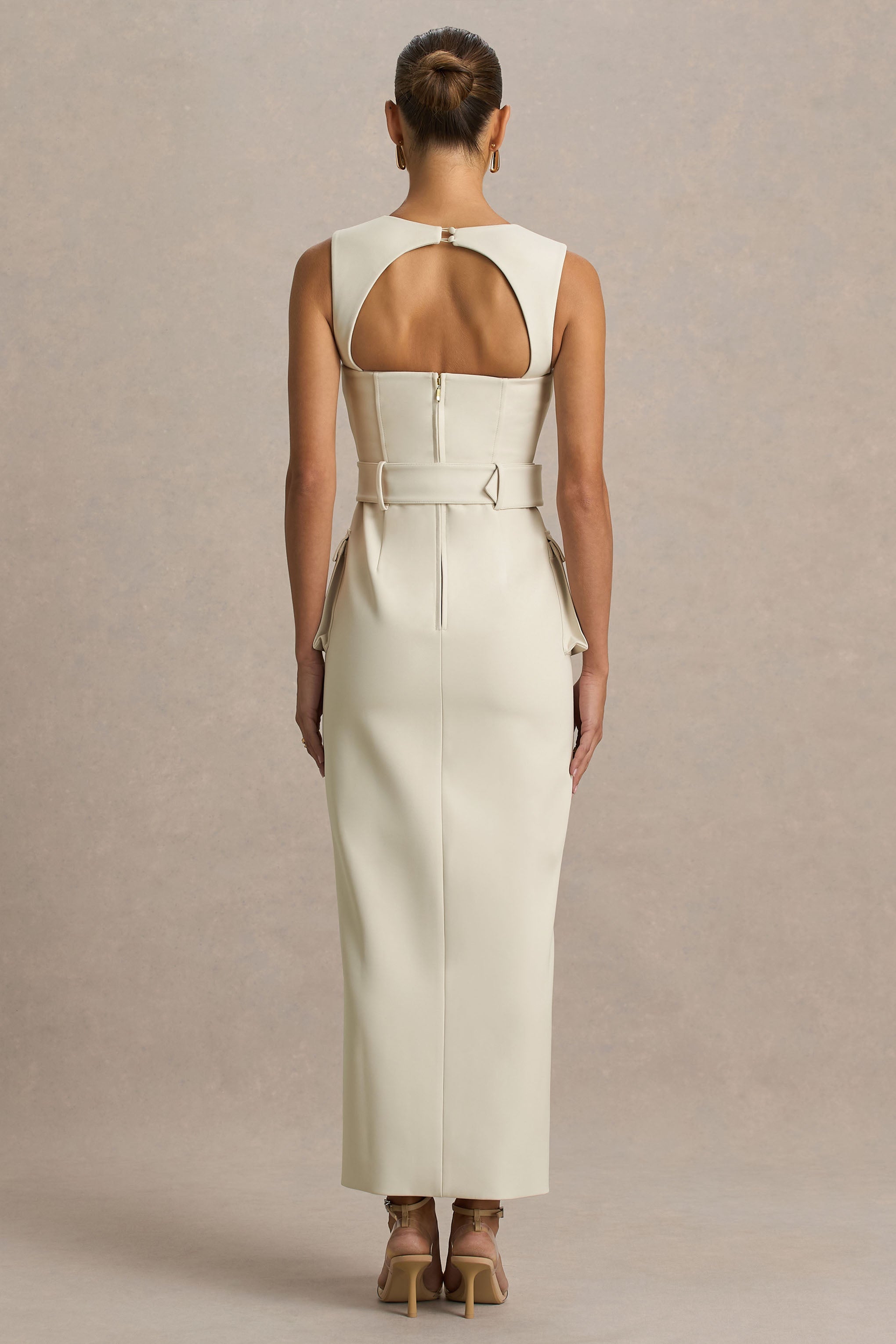 Sandra | Nude Square-Neck Tailored Maxi Dress With Front-High Split