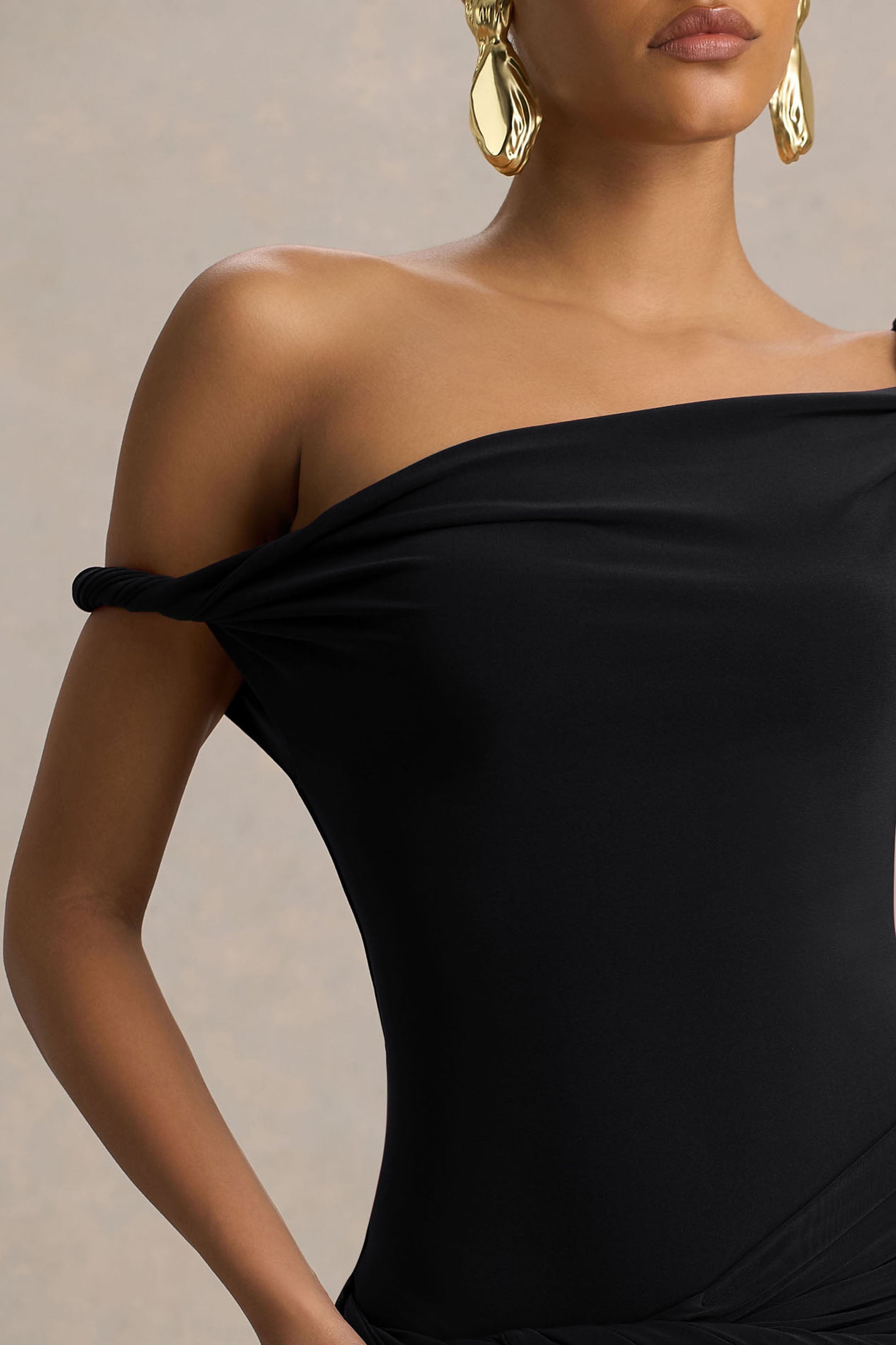 Tulisa | Black Asymmetric-Neck Maxi Dress With Twist Sleeves And Ruched Detailing