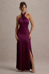 Sansa | Burgundy Satin Cross Halter-Neck Plisse Maxi Dress