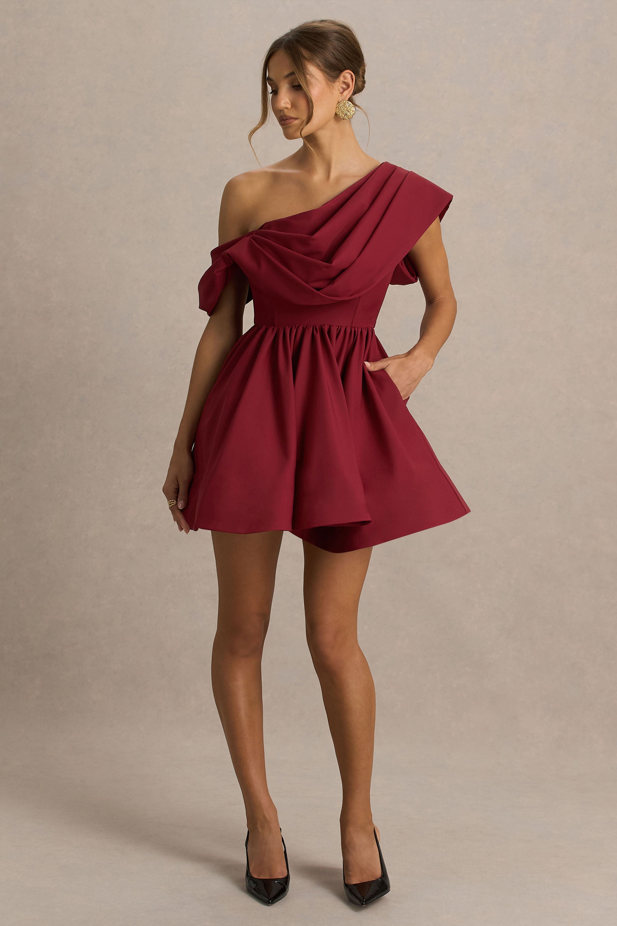 Verona | Burgundy  Draped Asymmetric-Neck Skater Mini Dress