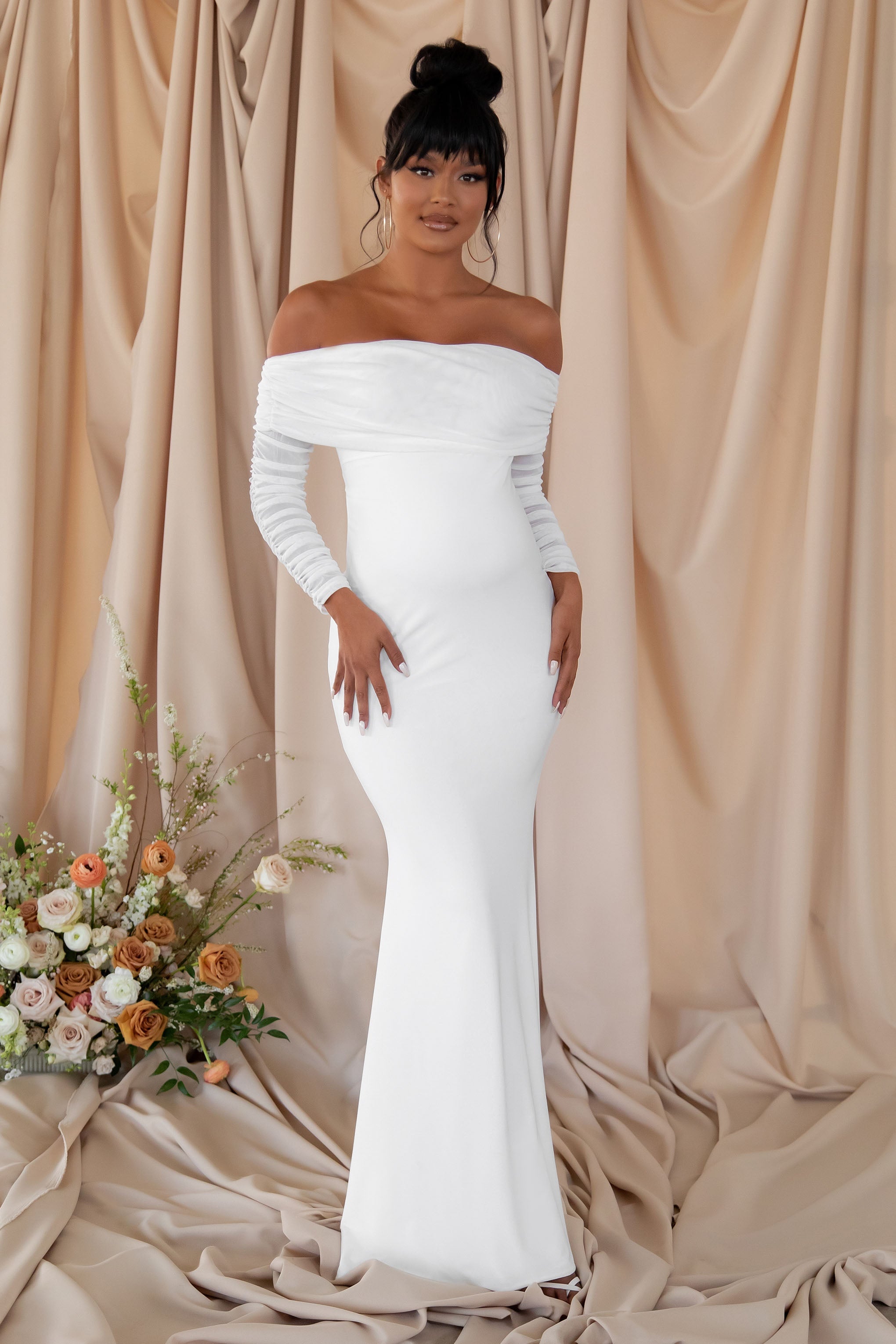 Pretty Perfect | White Maternity Ruched Mesh Bardot Maxi Dress