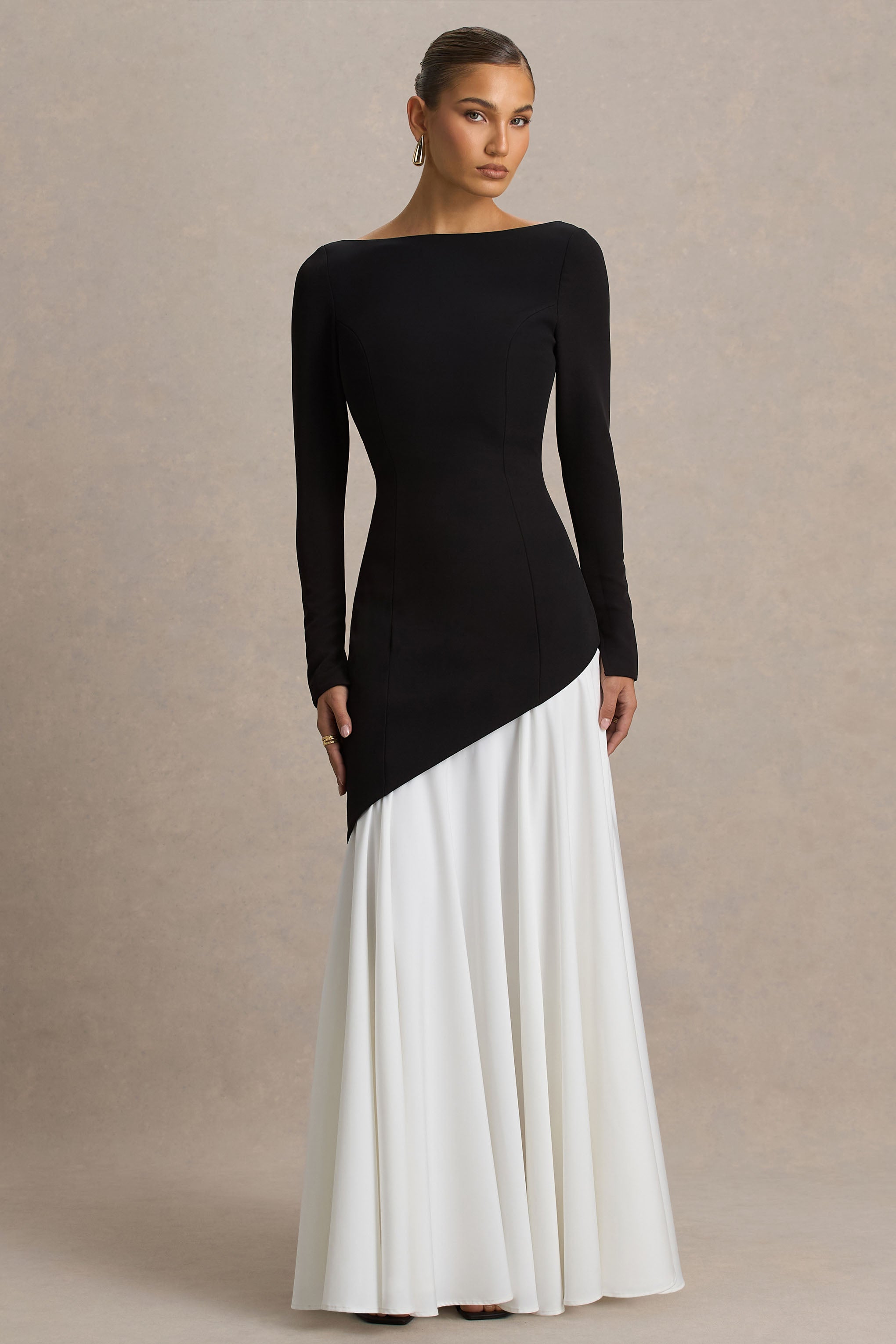 Caty | Black And White Long-Sleeved Maxi Dress With Oversized Bow And Ruffled Detailing