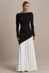 Caty | Black And White Long-Sleeved Maxi Dress With Oversized Bow And Ruffled Detailing