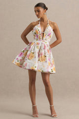 Kasey | Cream Floral Print Halter-Neck Mini Dress With Ruffle Detail