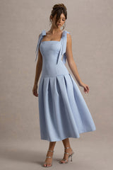 Alberta | Powder Blue Satin Square-Neck Midi Dress With Bow Straps