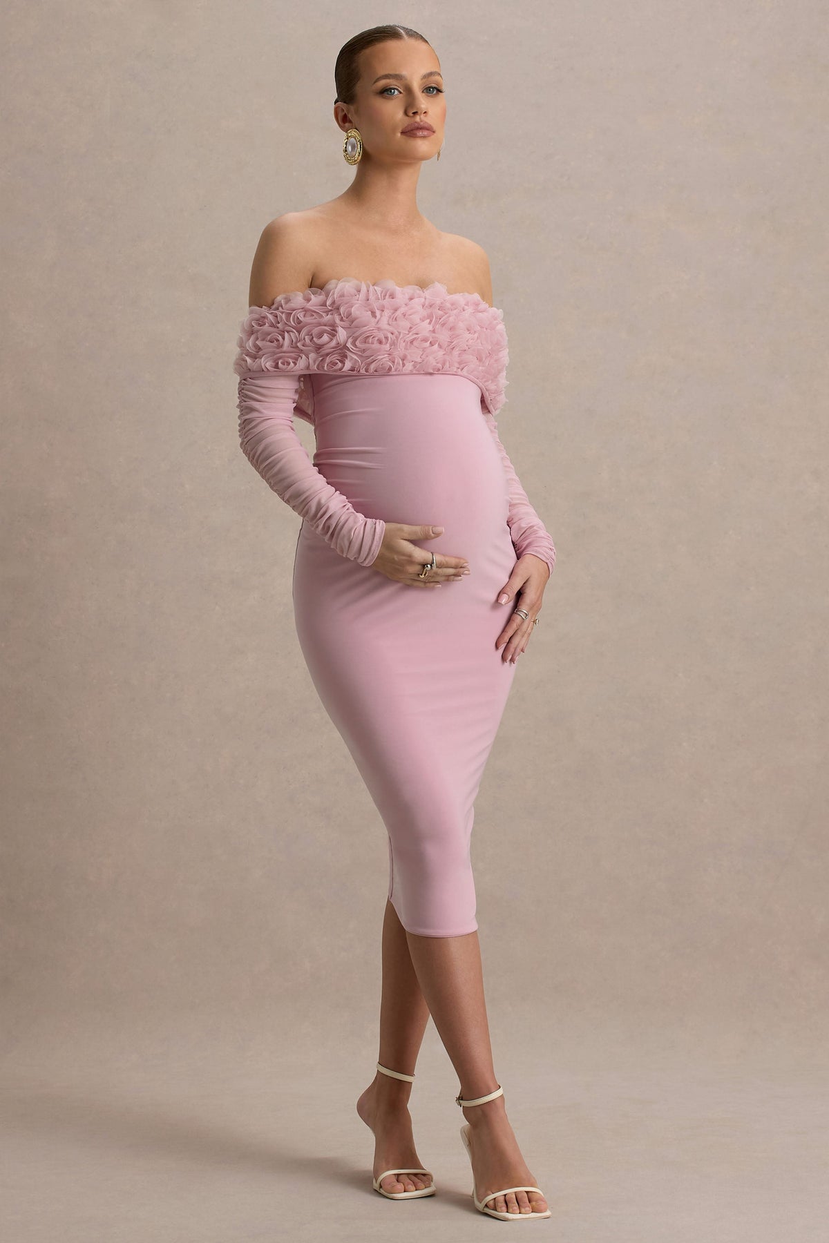Adita | Blush Pink Mesh Floral Bardot Maternity Midi Dress