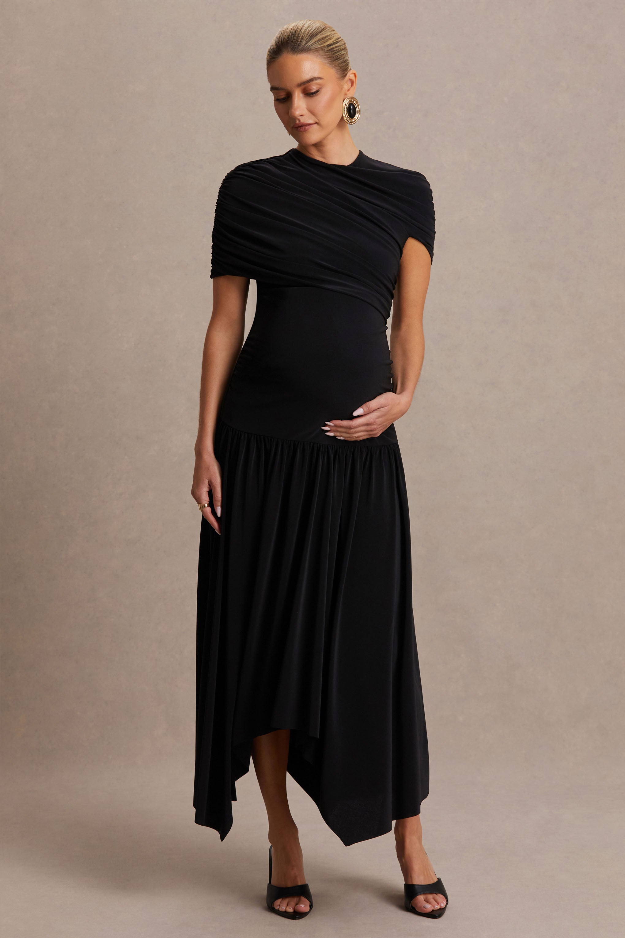 Eleni | Black Crew-Neck Maternity Maxi Dress With Cape-Sleeves And Drop Waist