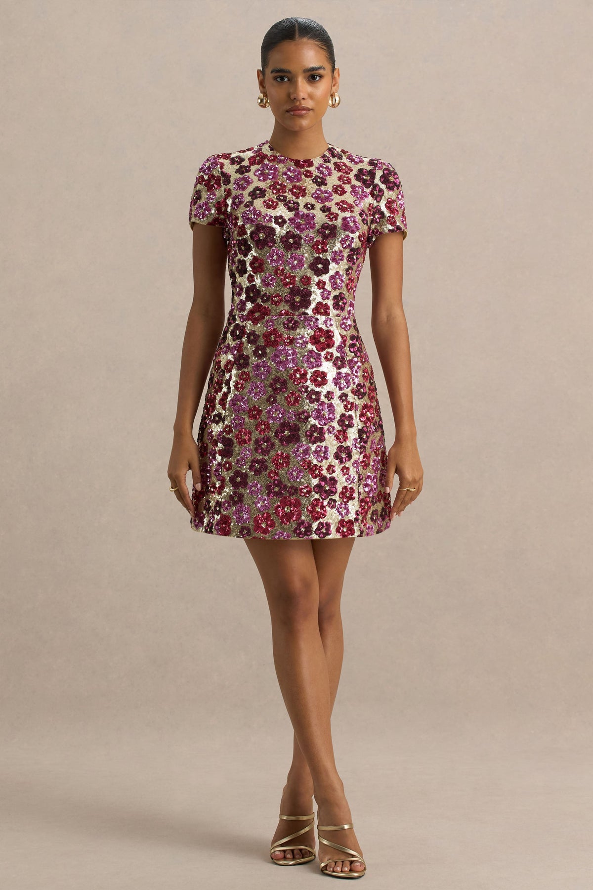 Eira | Pink Floral Embellished Sequin Crew-Neck Mini Dress