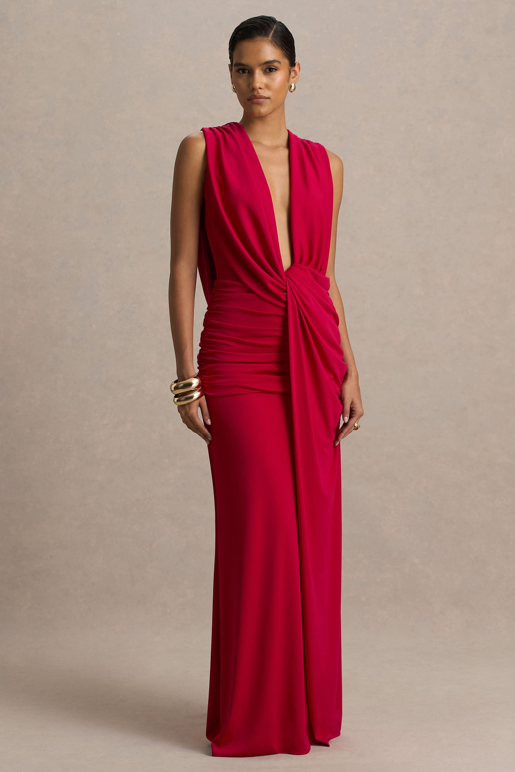 Serafina | Red Extreme-Plunge Maxi Dress With Ruched Detailing And Open-Back