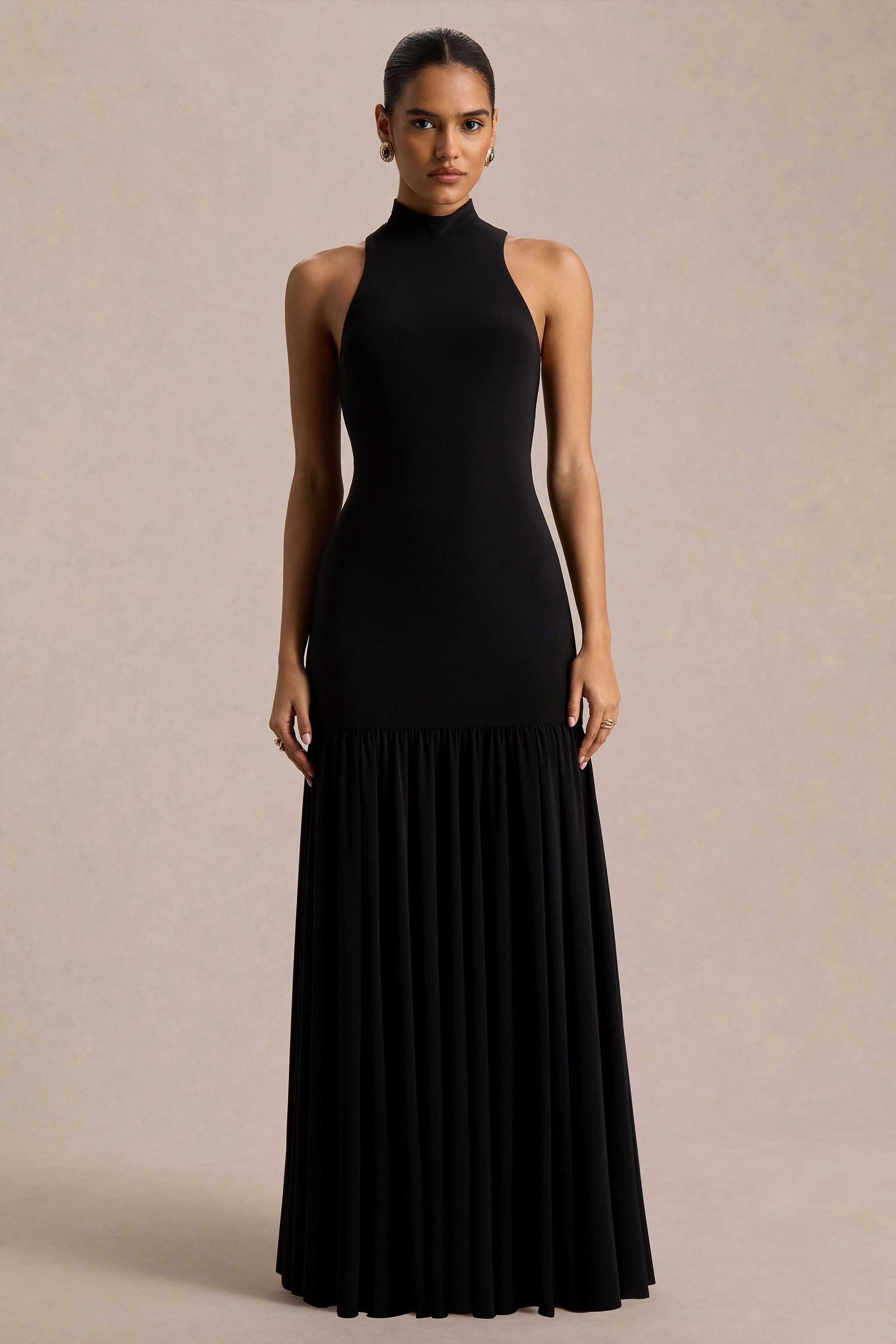 Tasmin | Black High-Neck Maxi Dress With Drop-Waist
