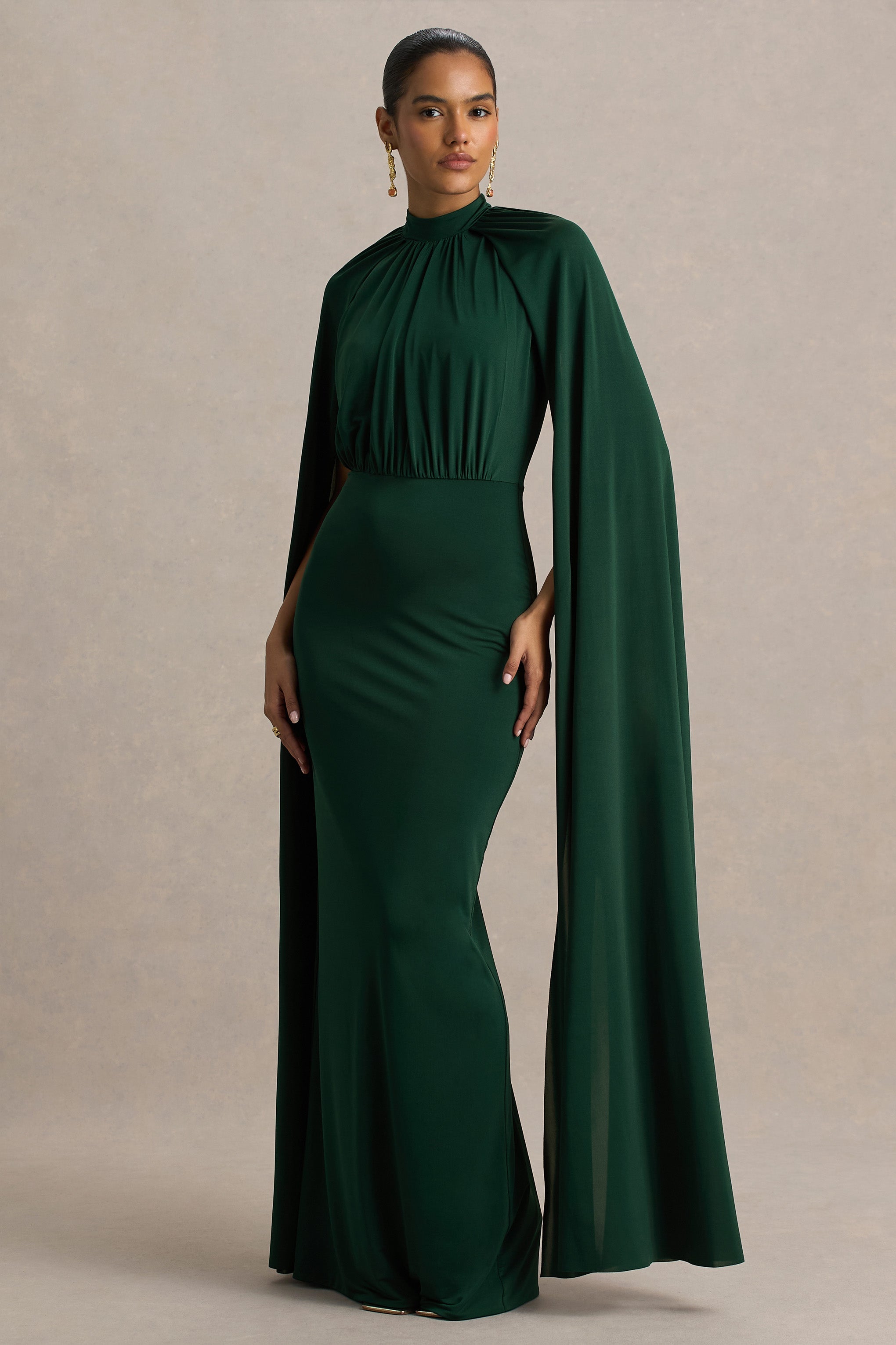 Darielle | Bottle Green High-Neck Cape-Sleeve Maxi Dress