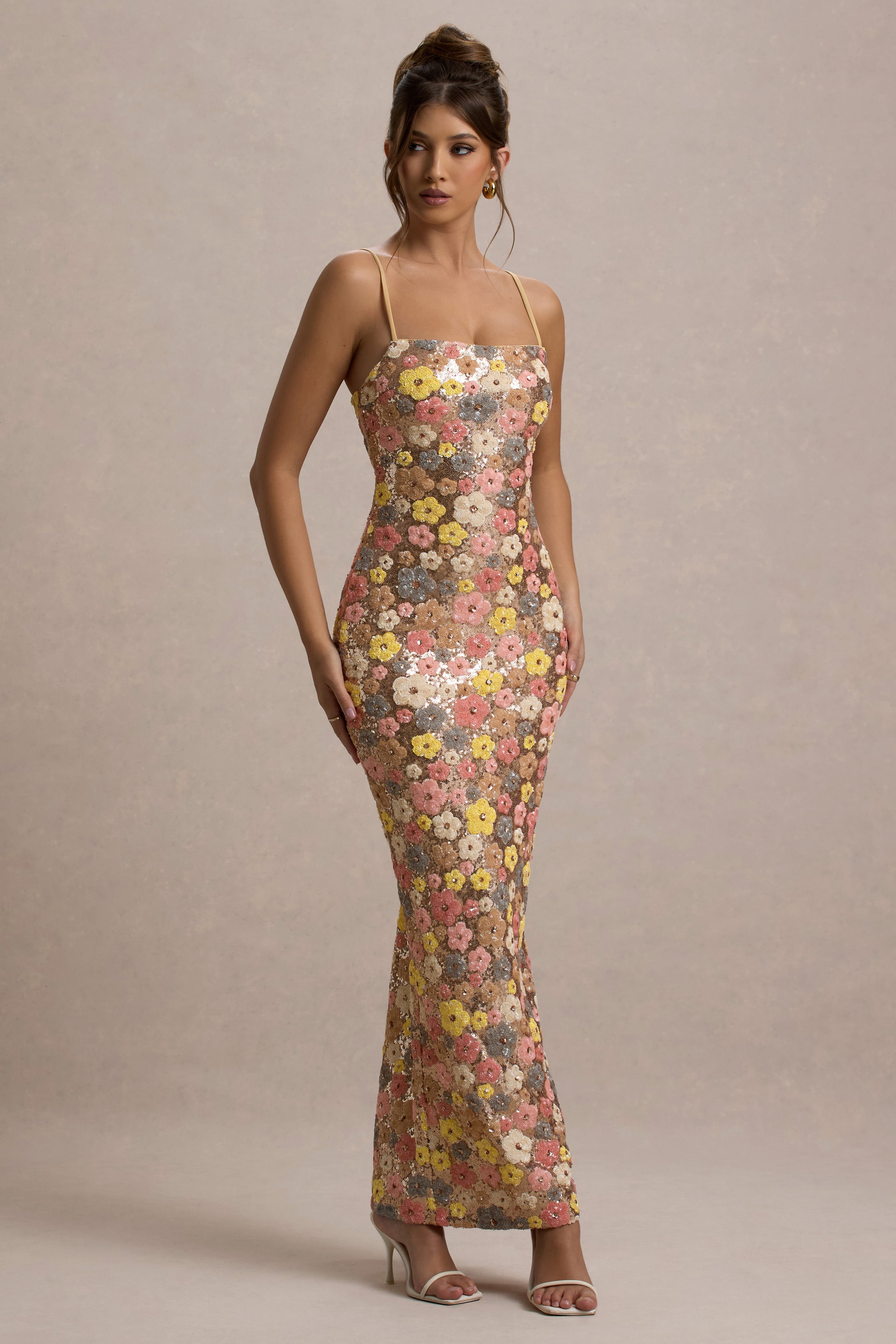 Vitora | Pastel Floral Print Embellished Sequin Square-Neck Maxi Dress