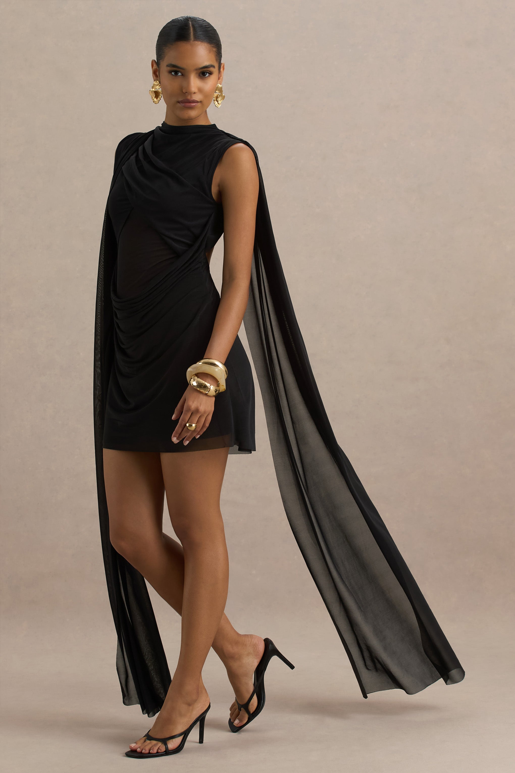 Riad | Black Chiffon Mini Dress With Sheer Bodice Two-Sleeve Cape
