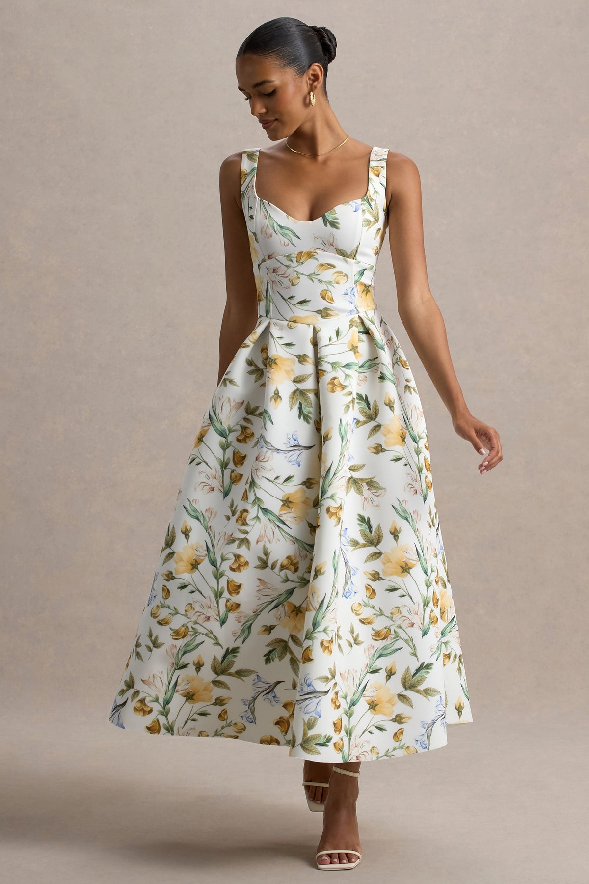 Rosemary | Floral Print Sweetheart Midi Dress With Drop Waist