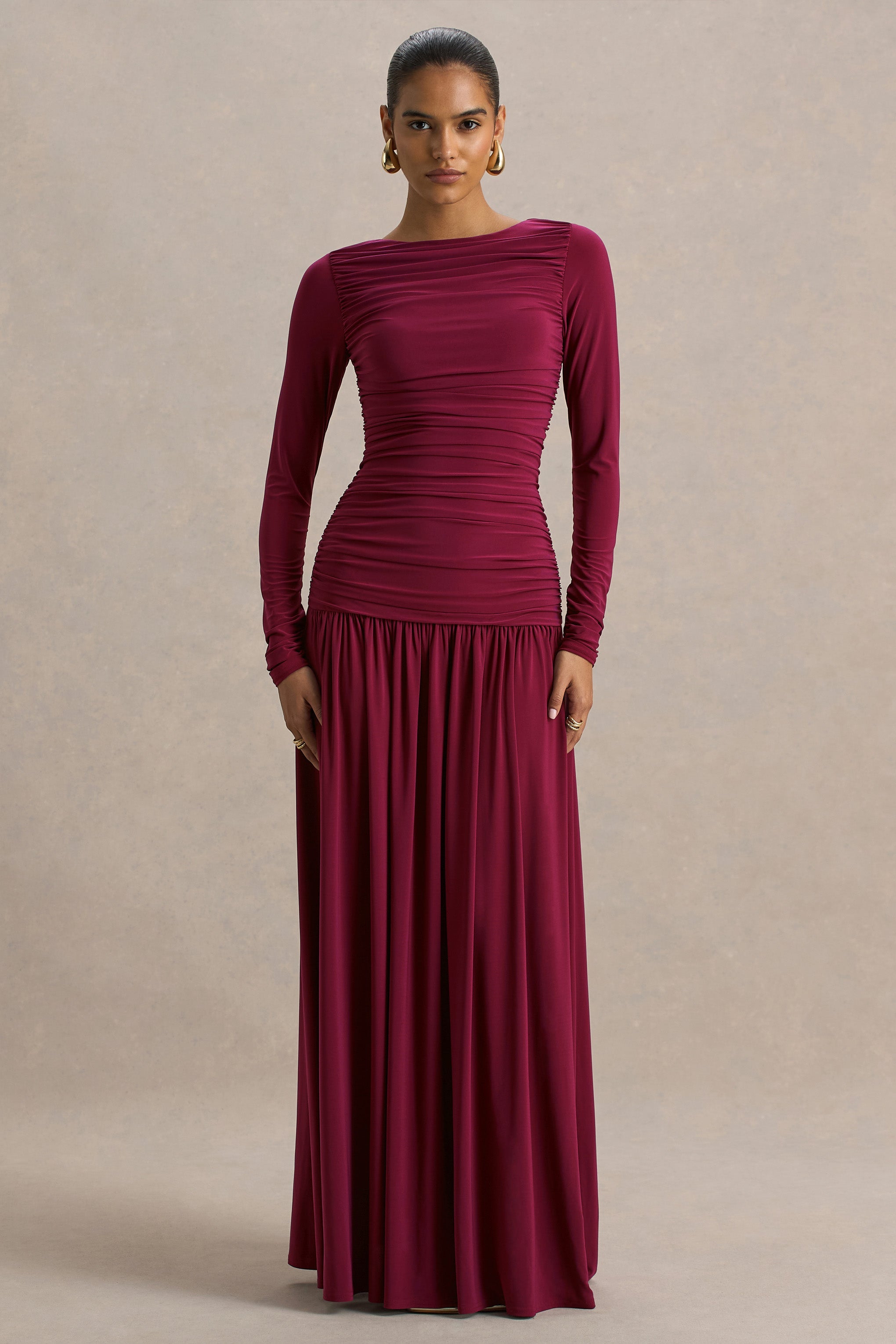 Aniyah | Burgundy Slashed-Neck Maxi Dress With Ruched Detailing
