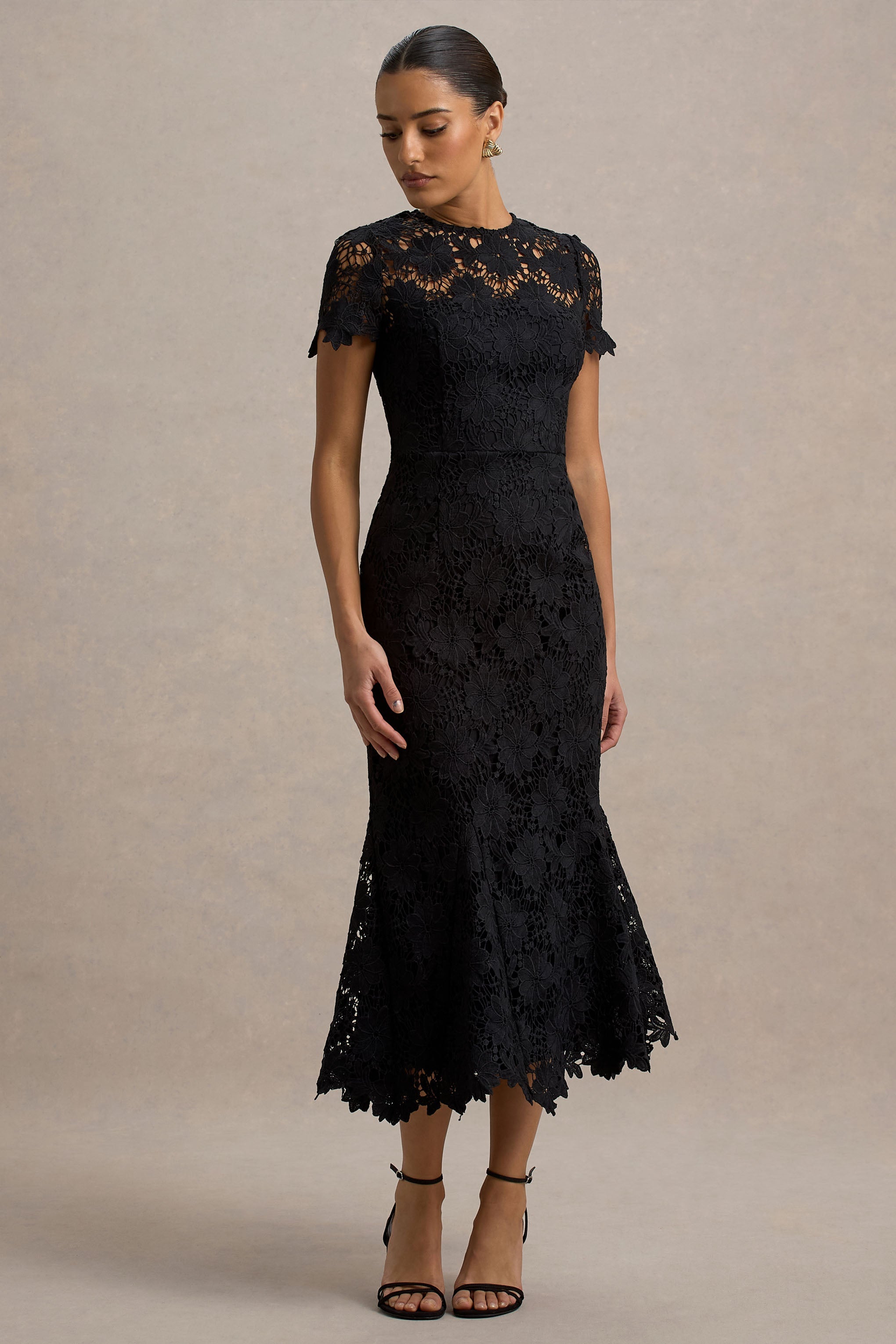 Clarissa | Black Lace Short-Sleeve Pleated Midi Dress