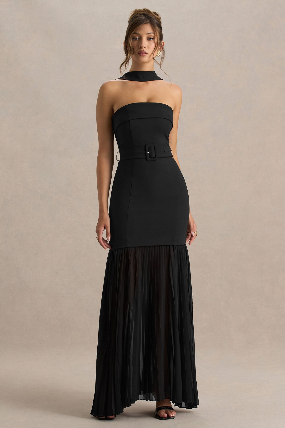 Jaquetta | Black Belted Maxi Dress With Pleated Chiffon Skirt