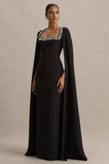 Glossy | Black Woven Square-Neck Maxi Dress With Cape Sleeves and Hand-Embellished Detail