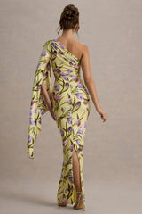 Clementina | Tulip Floral Print Asymmetric Cape Sleeve Maxi Dress